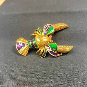 Green and Purple Enamel Gold Tone Lobster Brooch